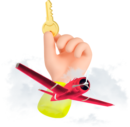 3D illustration of a hand holding a golden key with a red airplane flying below