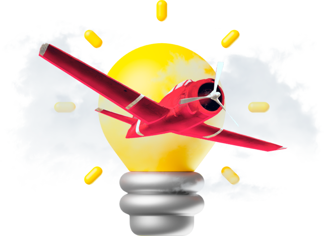 Aviator airplane flying in front of a glowing yellow light bulb symbolizing innovation