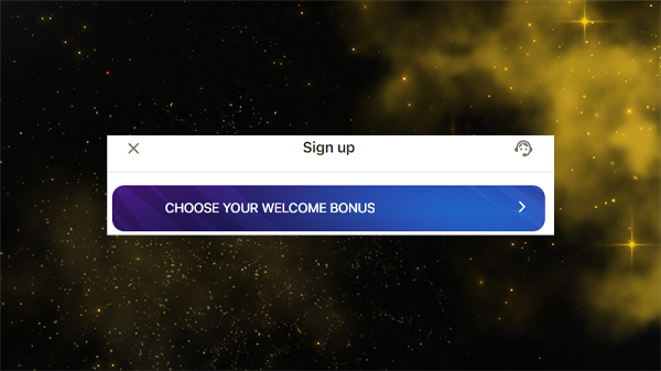 Sign-up window with a button to choose a welcome bonus