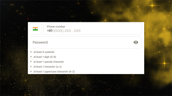 A login form with fields for Indian phone number and password.